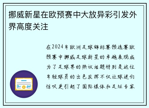 挪威新星在欧预赛中大放异彩引发外界高度关注