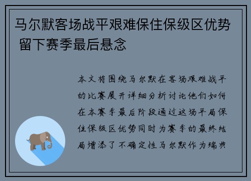 马尔默客场战平艰难保住保级区优势 留下赛季最后悬念